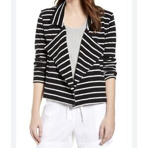 Caslon Striped Drape‎ Front Open Jacket Sz Large 12/14 Black White Knit Blazer